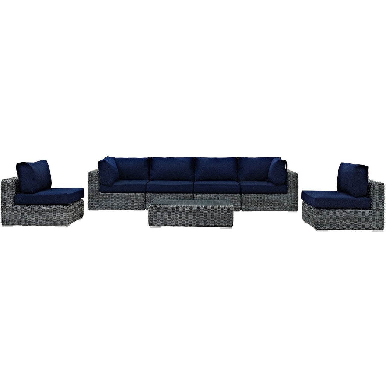 Summon Seven PCS Outdoor Patio Sunbrella Sectional Set, Navy, Rattan 9847