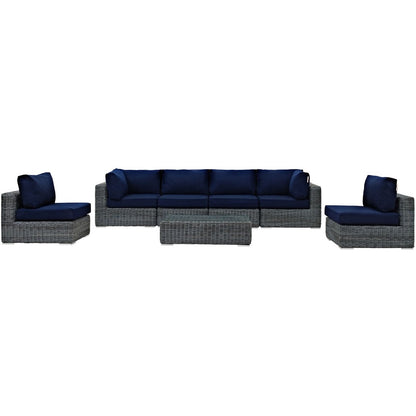 Summon Seven PCS Outdoor Patio Sunbrella Sectional Set, Navy, Rattan 9847