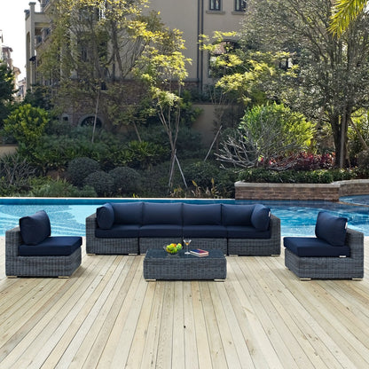 Summon Seven PCS Outdoor Patio Sunbrella Sectional Set, Navy, Rattan 9847