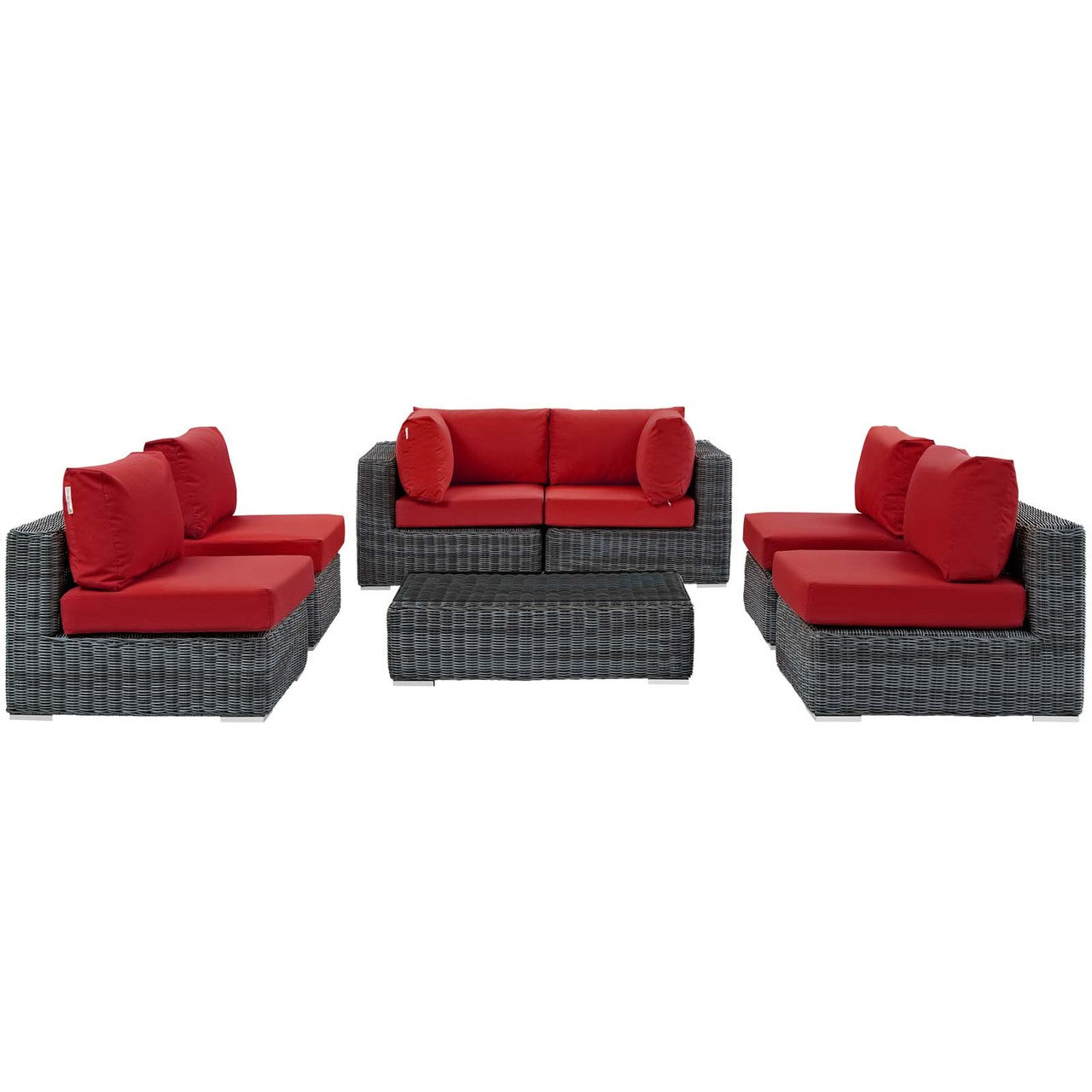Summon 7 Piece Outdoor Patio Sunbrella® Sectional Set, Sunbrella Rattan Wicker, Grey Red 13409