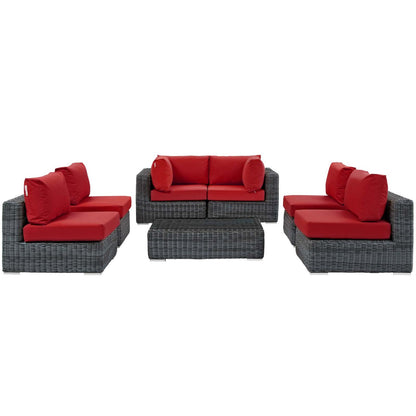 Summon 7 Piece Outdoor Patio Sunbrella® Sectional Set, Sunbrella Rattan Wicker, Grey Red 13409