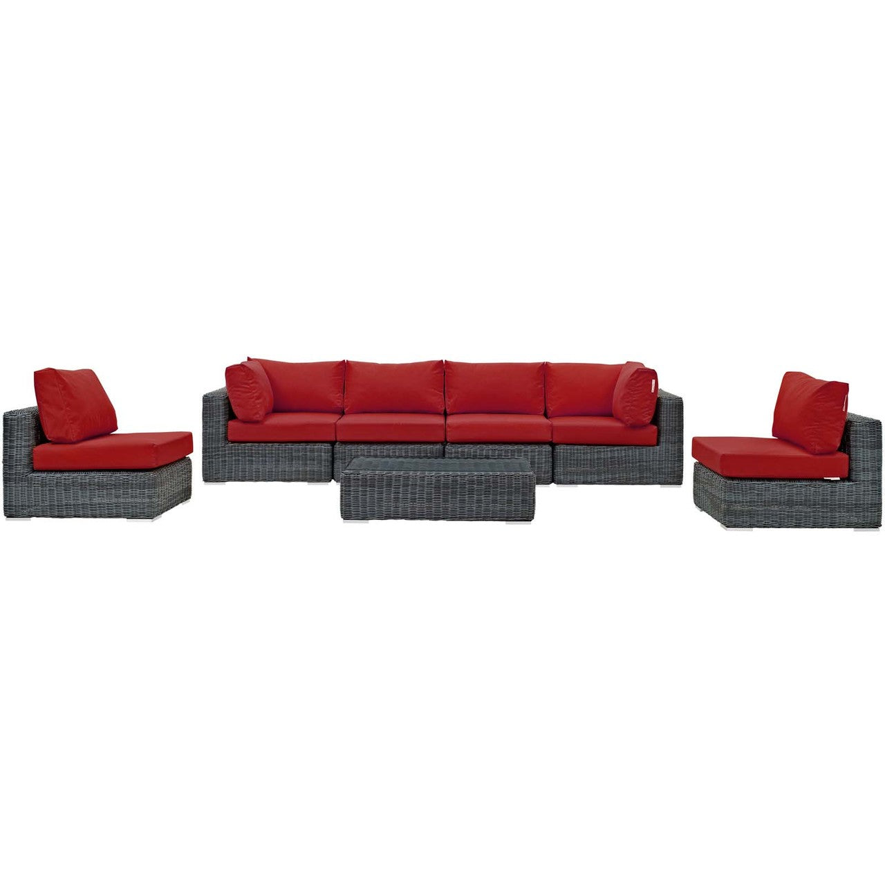 Summon 7 Piece Outdoor Patio Sunbrella® Sectional Set, Sunbrella Rattan Wicker, Grey Red 13409