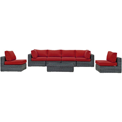 Summon 7 Piece Outdoor Patio Sunbrella® Sectional Set, Sunbrella Rattan Wicker, Grey Red 13409