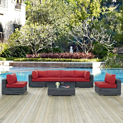 Summon 7 Piece Outdoor Patio Sunbrella® Sectional Set, Sunbrella Rattan Wicker, Grey Red 13409