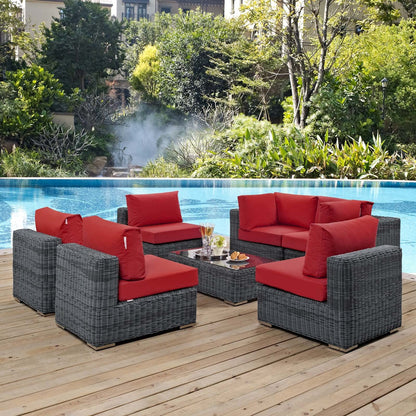 Summon 7 Piece Outdoor Patio Sunbrella® Sectional Set, Sunbrella Rattan Wicker, Grey Red 13409