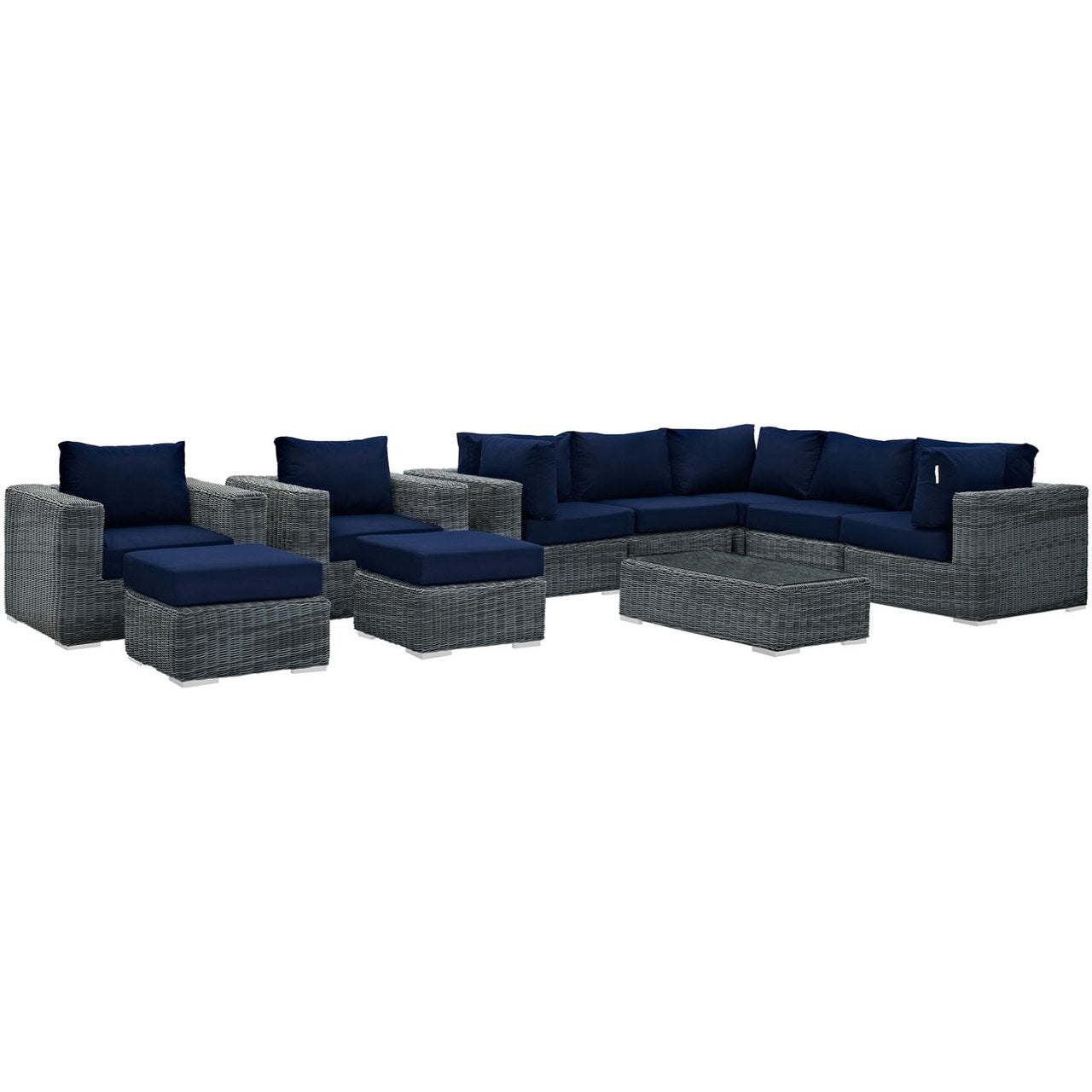 Summon Ten PCS Outdoor Patio Sunbrella Sectional Set, Navy, Rattan 9859