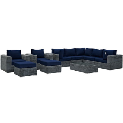 Summon Ten PCS Outdoor Patio Sunbrella Sectional Set, Navy, Rattan 9859