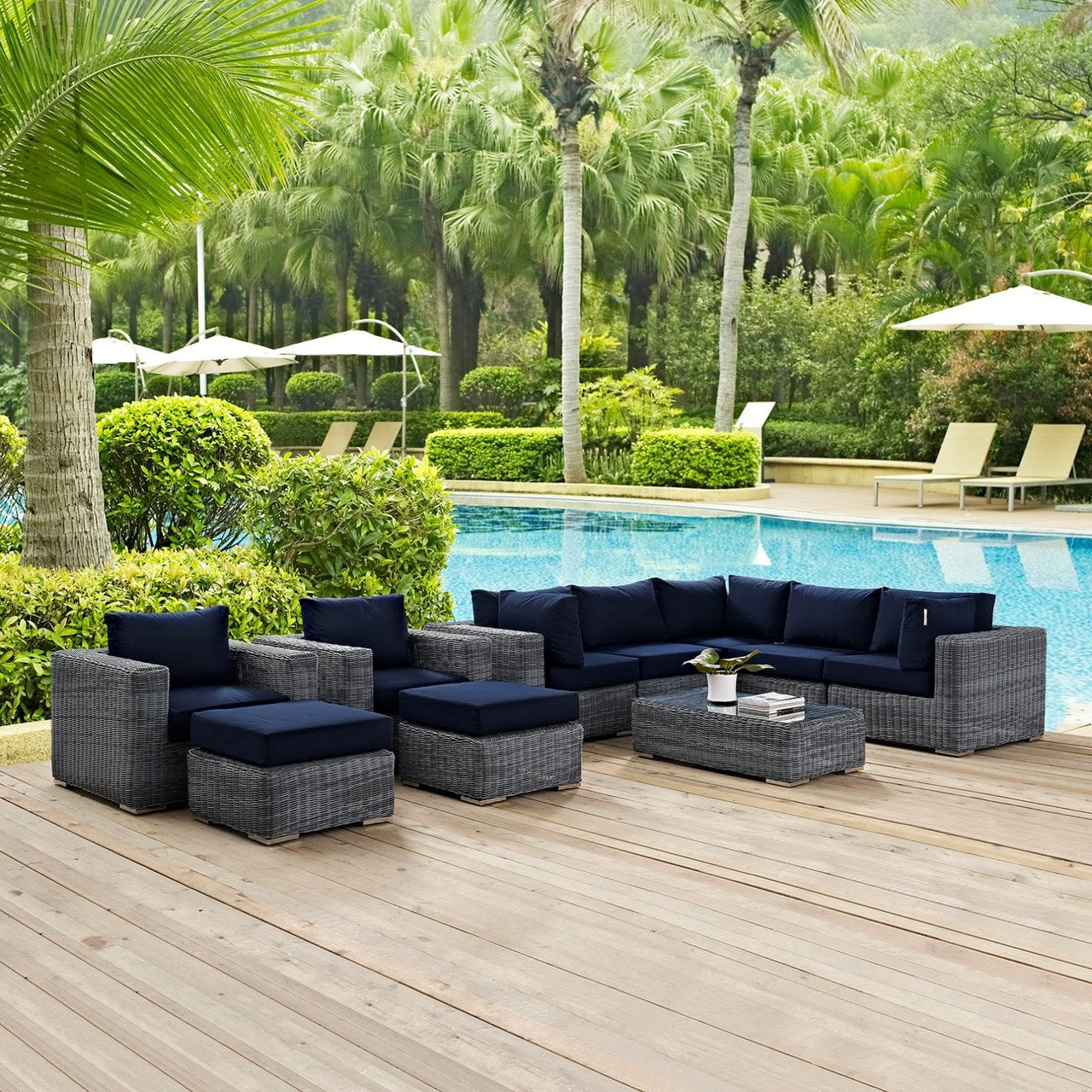 Summon Ten PCS Outdoor Patio Sunbrella Sectional Set, Navy, Rattan 9859