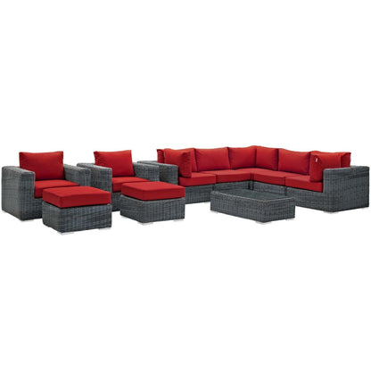 Summon 10 Piece Outdoor Patio Sunbrella® Sectional Set, Sunbrella Rattan Wicker, Grey Red 13415