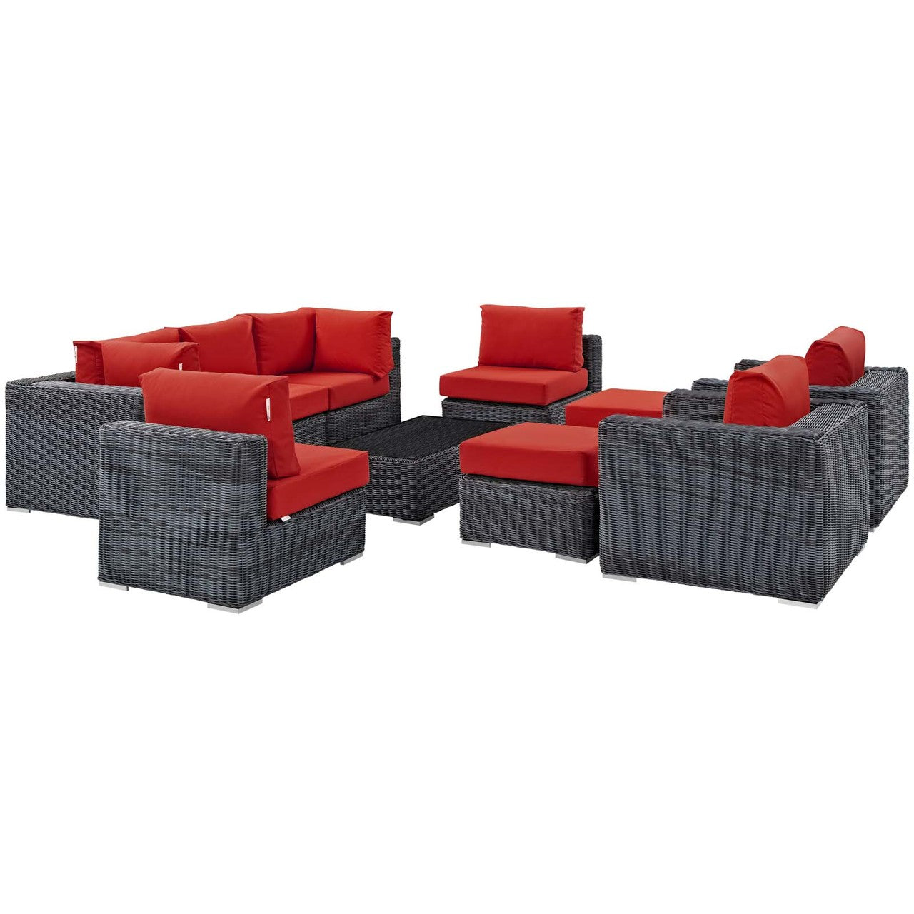 Summon 10 Piece Outdoor Patio Sunbrella® Sectional Set, Sunbrella Rattan Wicker, Grey Red 13415