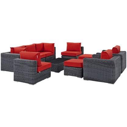 Summon 10 Piece Outdoor Patio Sunbrella® Sectional Set, Sunbrella Rattan Wicker, Grey Red 13415