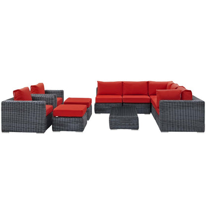 Summon 10 Piece Outdoor Patio Sunbrella® Sectional Set, Sunbrella Rattan Wicker, Grey Red 13415