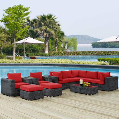 Summon 10 Piece Outdoor Patio Sunbrella® Sectional Set, Sunbrella Rattan Wicker, Grey Red 13415