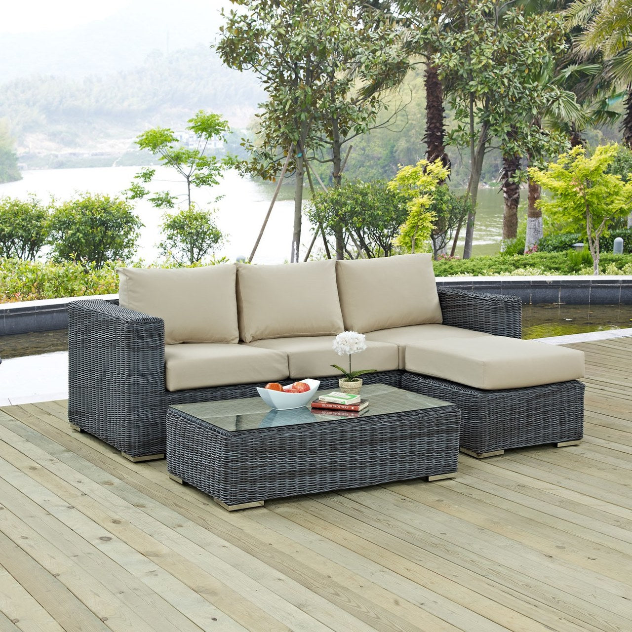 Summon Sectional Sofa Set, Beige, Rattan 9861
