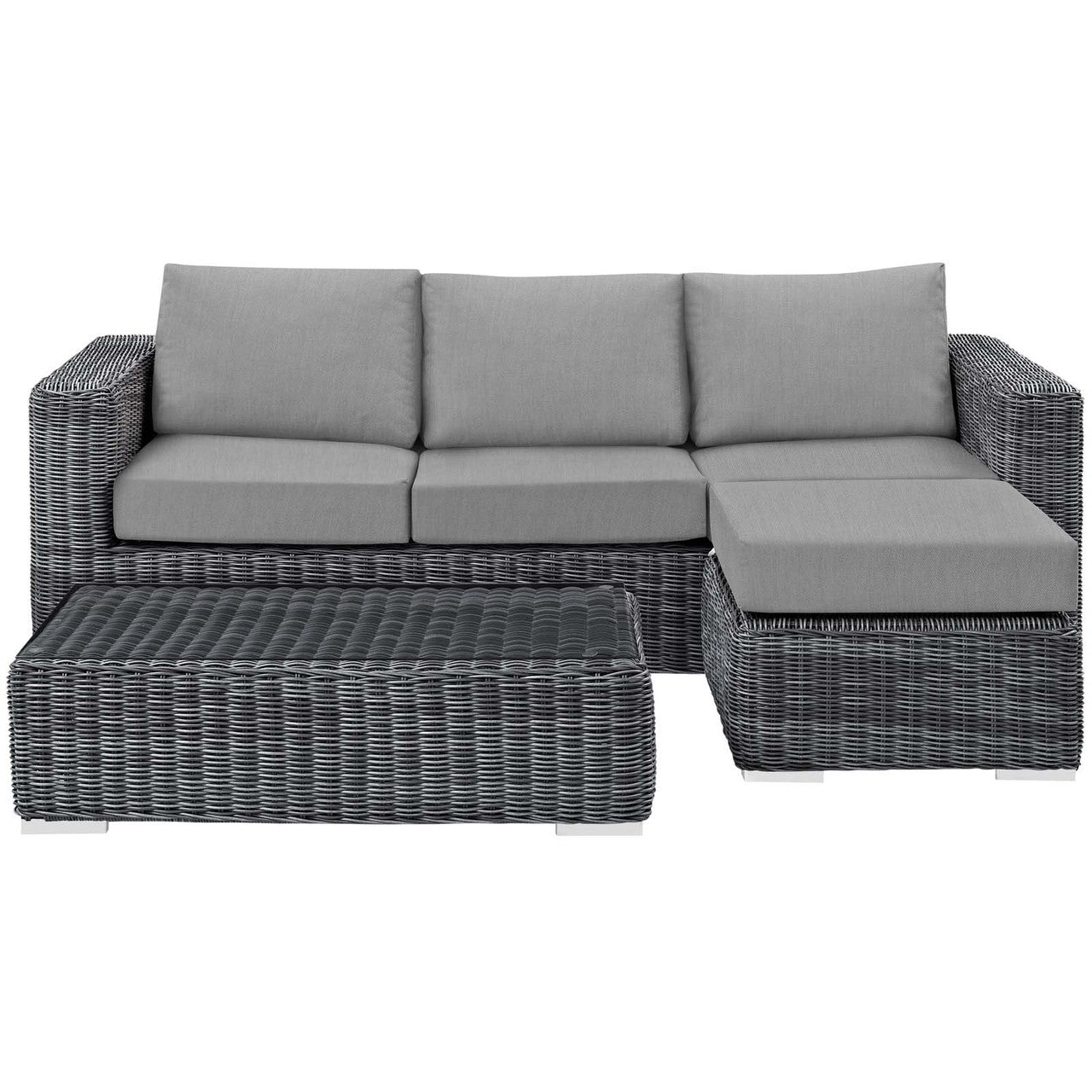 Summon 3 Piece Outdoor Patio Sunbrella® Sectional Set, Sunbrella Rattan Wicker, Grey Gray 13416