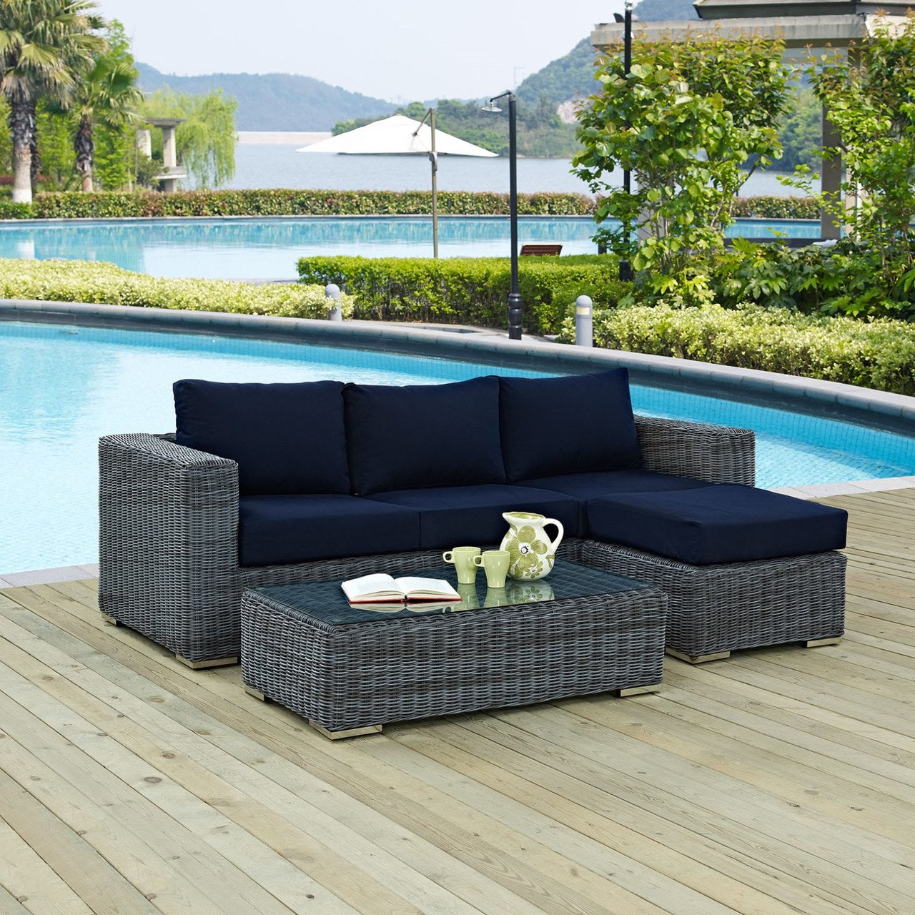 Summon Sectional Sofa Set, Navy, Rattan 9862