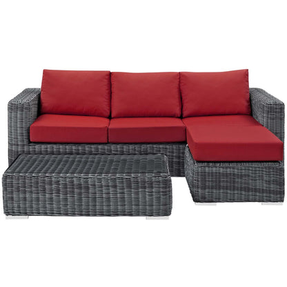 Summon 3 Piece Outdoor Patio Sunbrella® Sectional Set, Sunbrella Rattan Wicker, Grey Red 13417