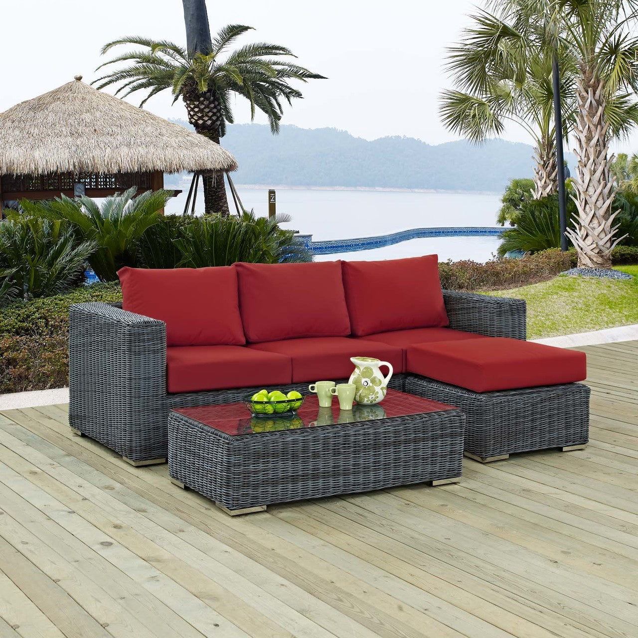 Summon 3 Piece Outdoor Patio Sunbrella® Sectional Set, Sunbrella Rattan Wicker, Grey Red 13417