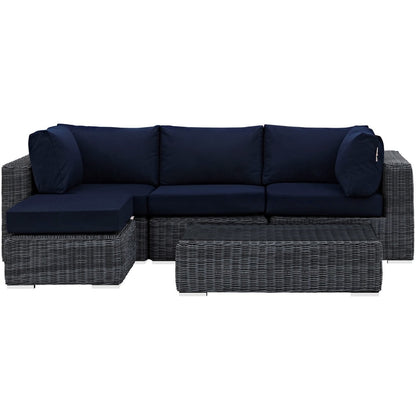 Summon Five PCS Outdoor Patio Sunbrella Sectional Set, Navy, Rattan 9865