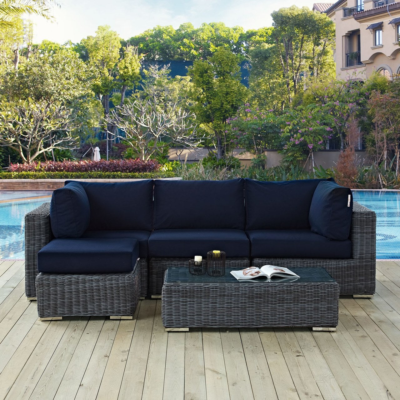 Summon Five PCS Outdoor Patio Sunbrella Sectional Set, Navy, Rattan 9865