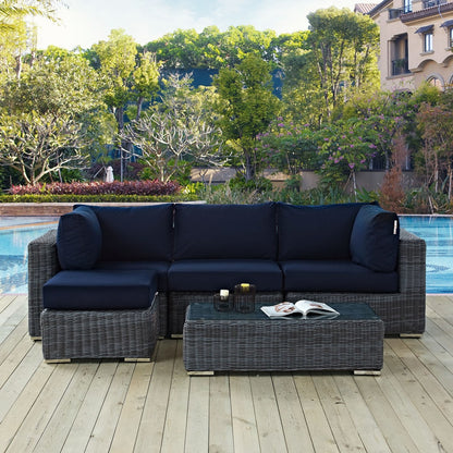 Summon Five PCS Outdoor Patio Sunbrella Sectional Set, Navy, Rattan 9865