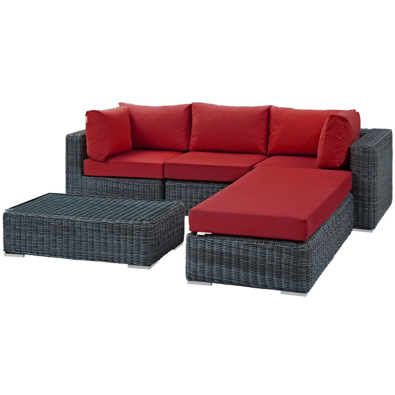 Summon 5 Piece Outdoor Patio Sunbrella® Sectional Set, Sunbrella Rattan Wicker, Grey Red 13419