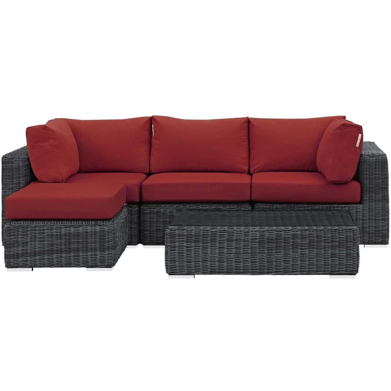 Summon 5 Piece Outdoor Patio Sunbrella® Sectional Set, Sunbrella Rattan Wicker, Grey Red 13419
