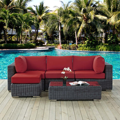 Summon 5 Piece Outdoor Patio Sunbrella® Sectional Set, Sunbrella Rattan Wicker, Grey Red 13419