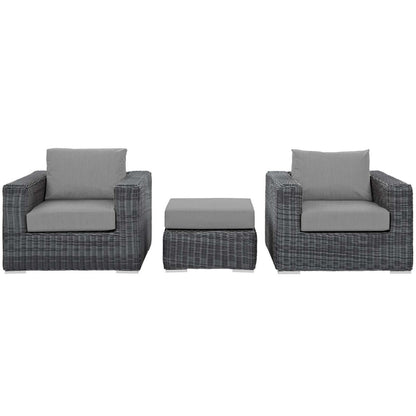Summon 3 Piece Outdoor Patio Sunbrella® Sectional Set, Sunbrella Rattan Wicker, Grey Gray 13420