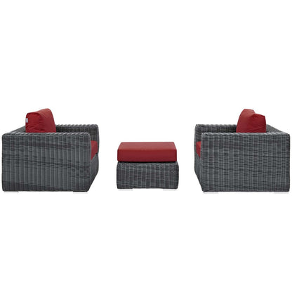 Summon 3 Piece Outdoor Patio Sunbrella® Sectional Set, Sunbrella Rattan Wicker, Grey Red 13421