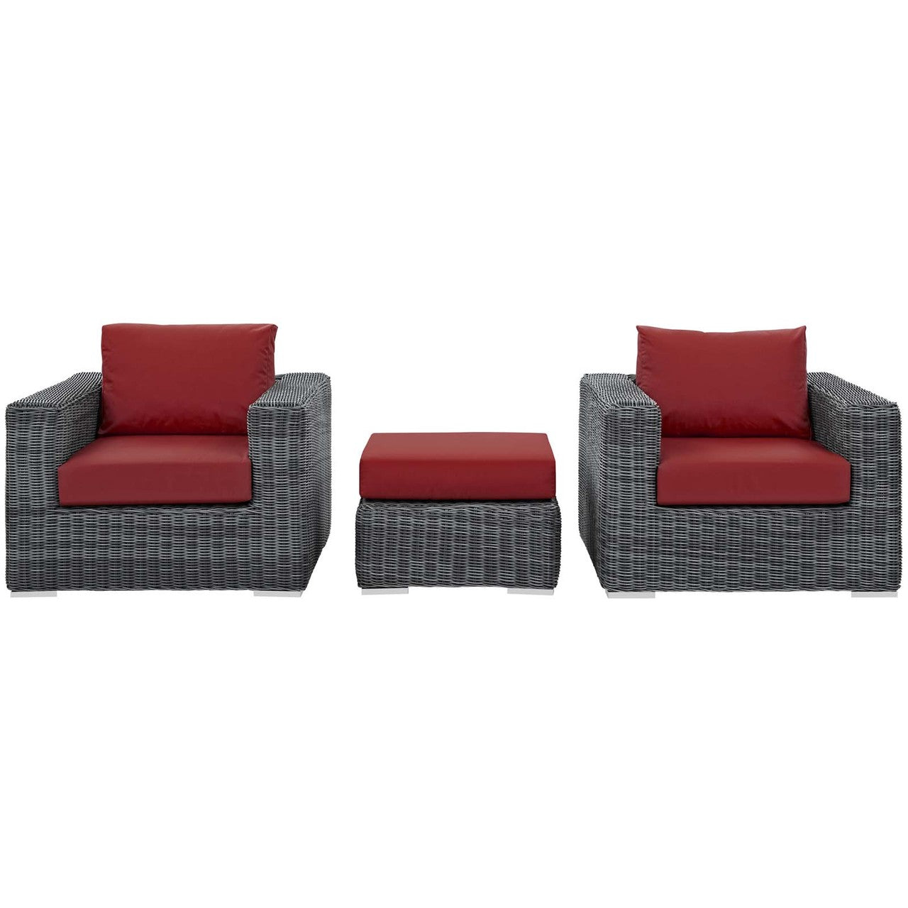 Summon 3 Piece Outdoor Patio Sunbrella® Sectional Set, Sunbrella Rattan Wicker, Grey Red 13421