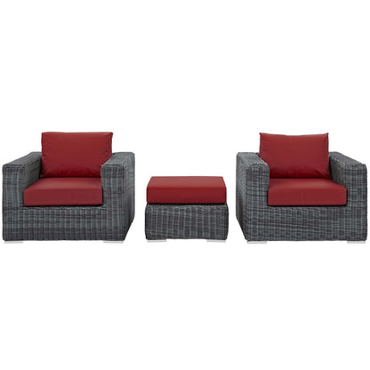 Summon 3 Piece Outdoor Patio Sunbrella® Sectional Set, Sunbrella Rattan Wicker, Grey Red 13421