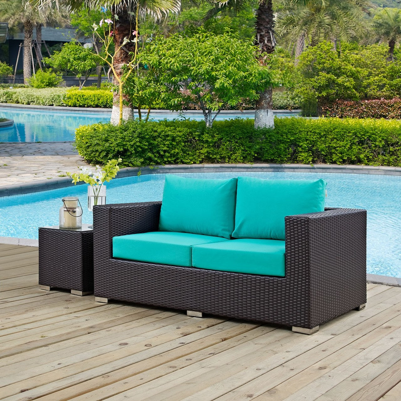 Convene Outdoor Patio Loveseat, Blue, Rattan 9881