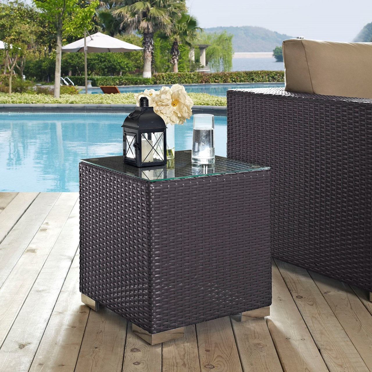 Convene Outdoor Patio Side Table, Brown, Rattan 9884
