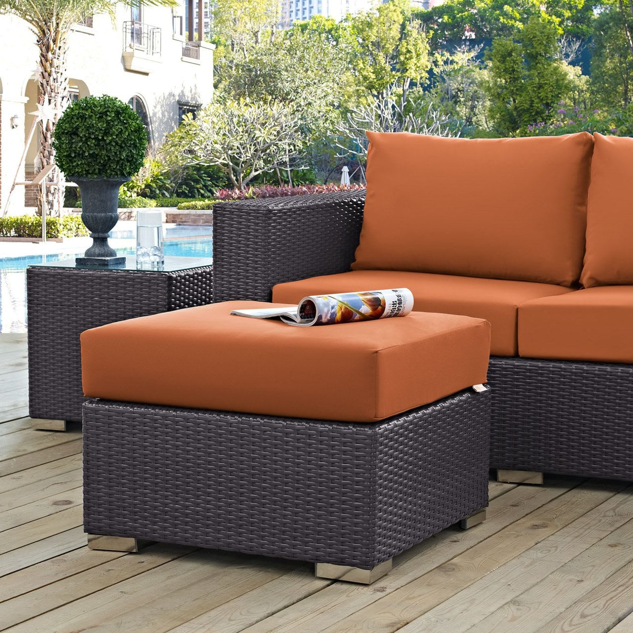 Convene Outdoor Patio Fabric Square Ottoman, Orange, Rattan 9894