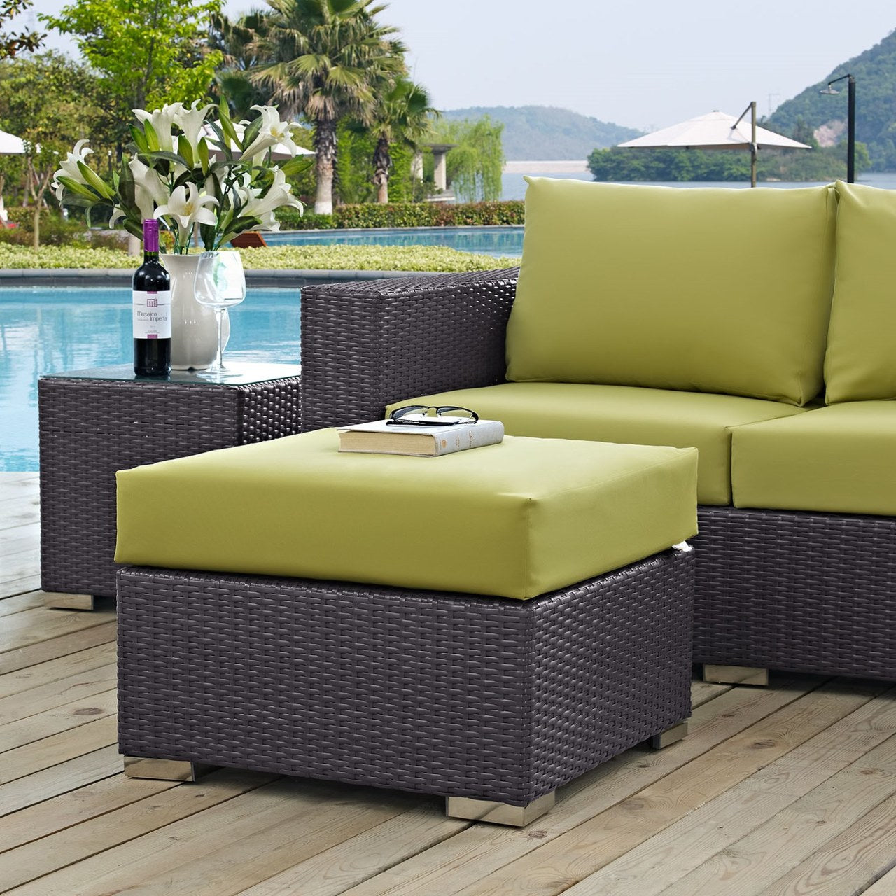 Convene Outdoor Patio Fabric Square Ottoman, Green, Rattan 9895