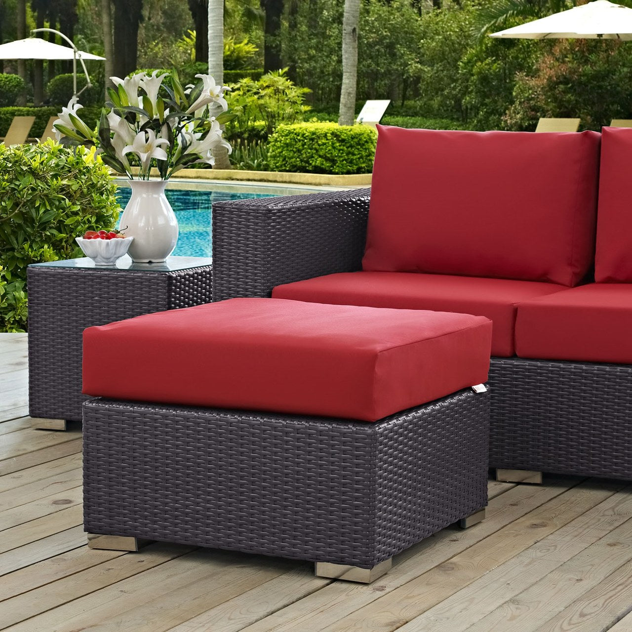 Convene Outdoor Patio Fabric Square Ottoman, Red, Rattan 9896