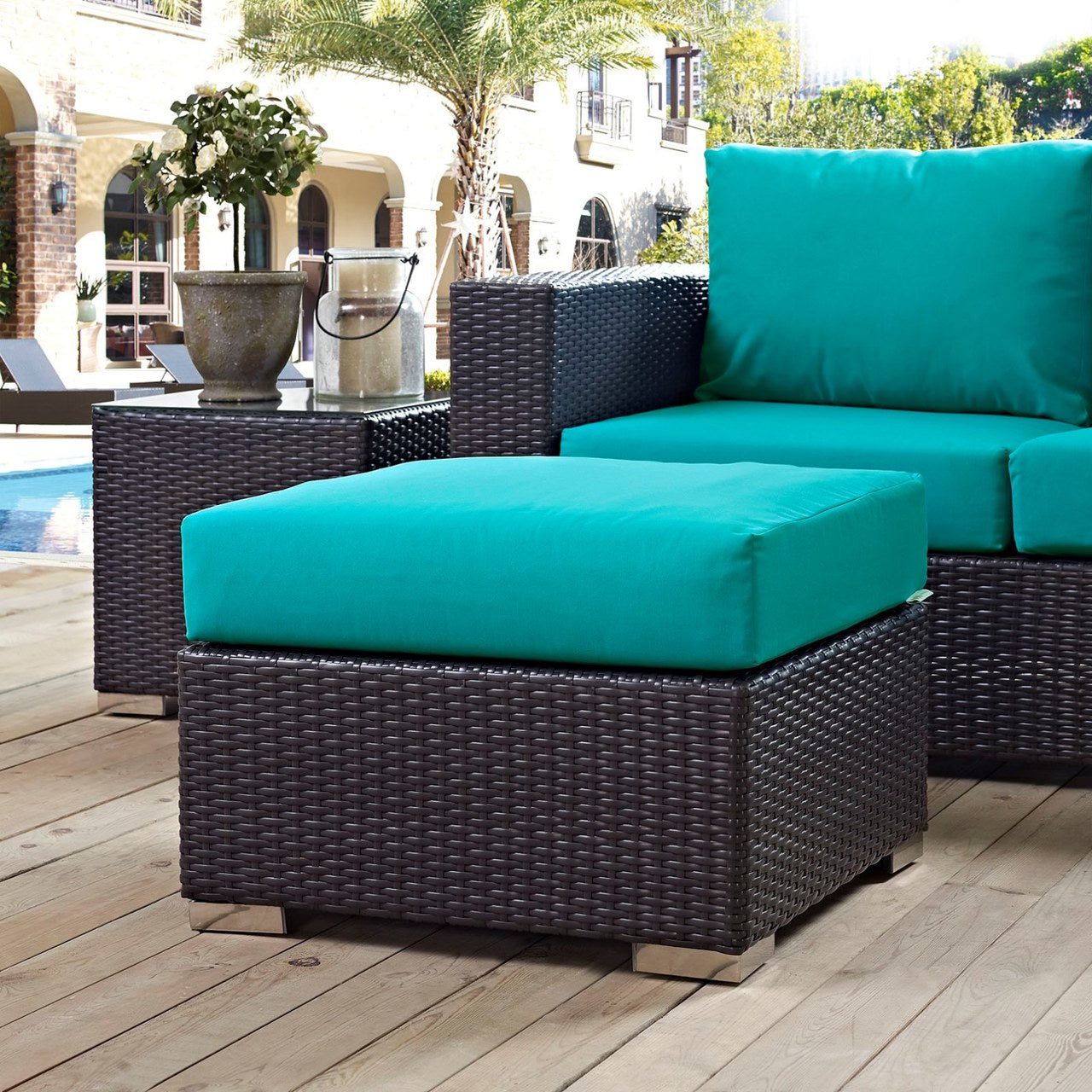 Convene Outdoor Patio Fabric Square Ottoman, Blue, Rattan 9897