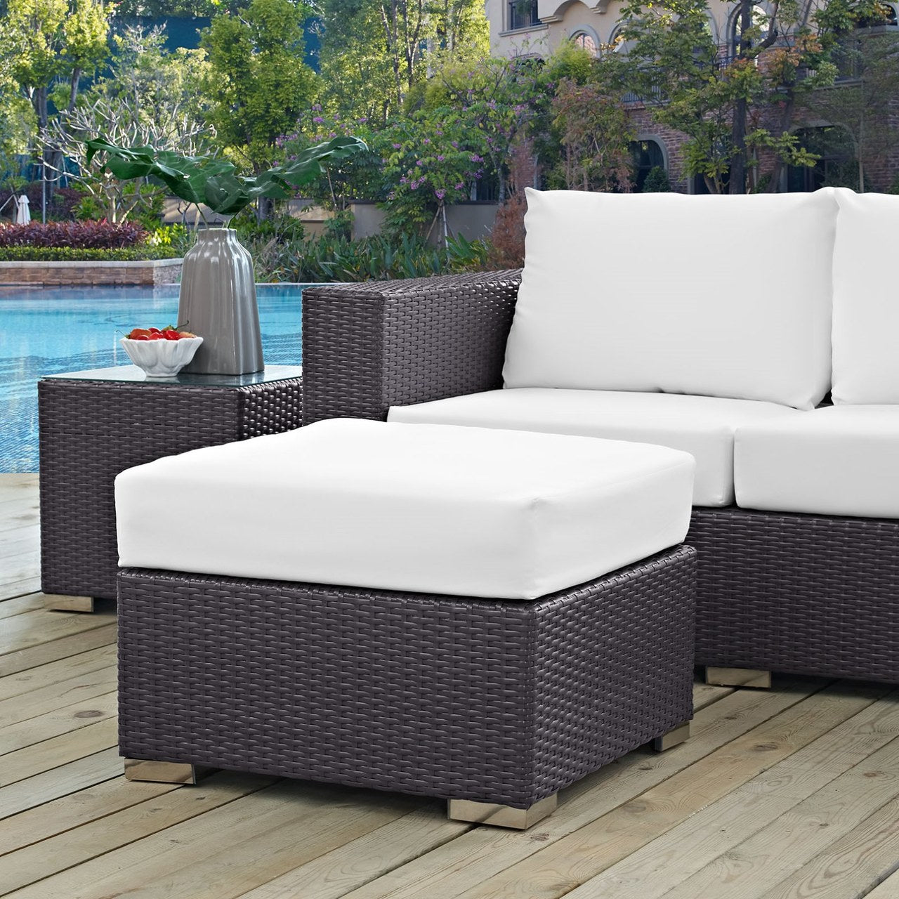 Convene Outdoor Patio Fabric Square Ottoman, White, Rattan 9898