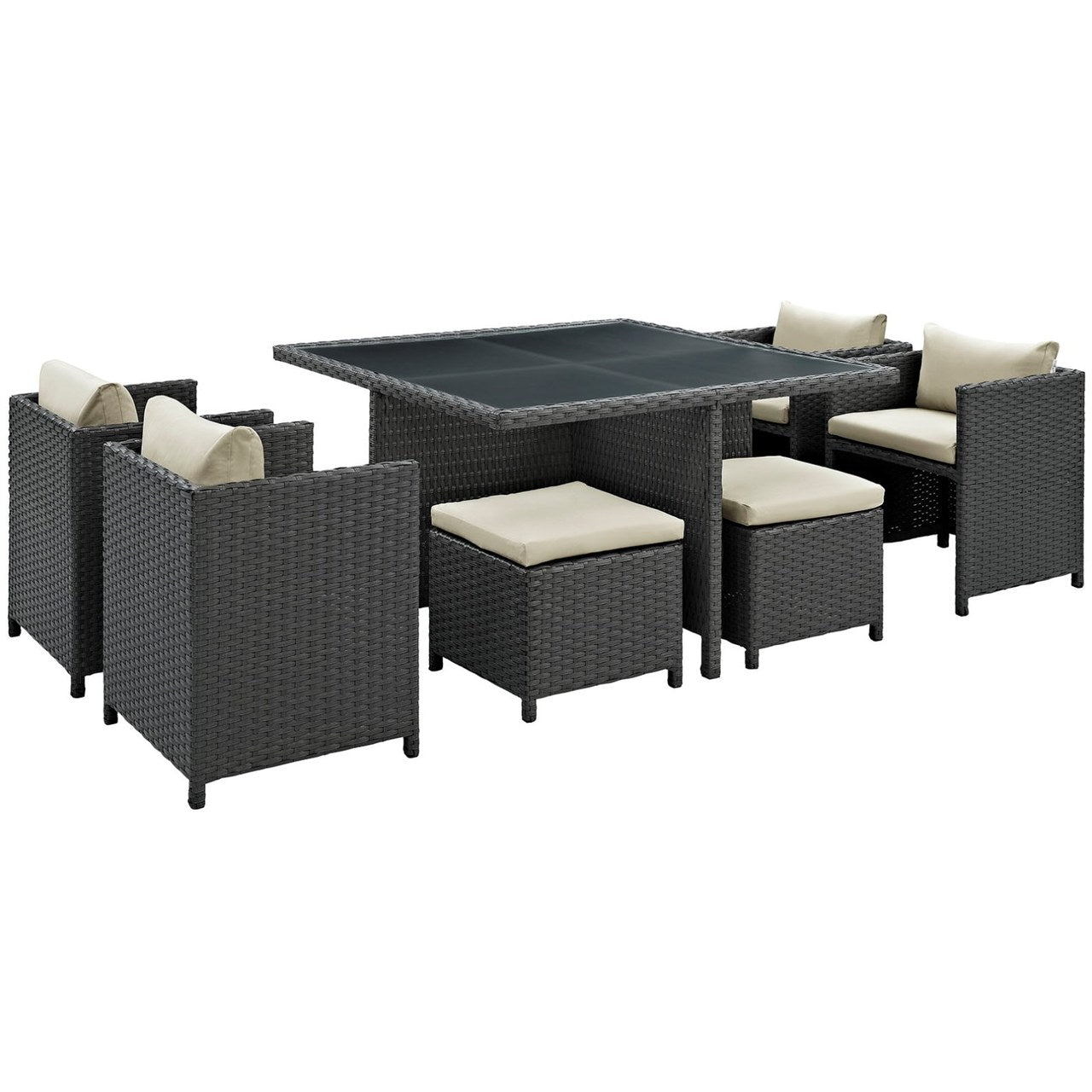 Sojourn Nine PCS Outdoor Patio Sunbrella Dining Set, Beige, Rattan 9936
