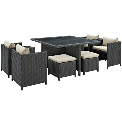 Sojourn Nine PCS Outdoor Patio Sunbrella Dining Set, Beige, Rattan 9936