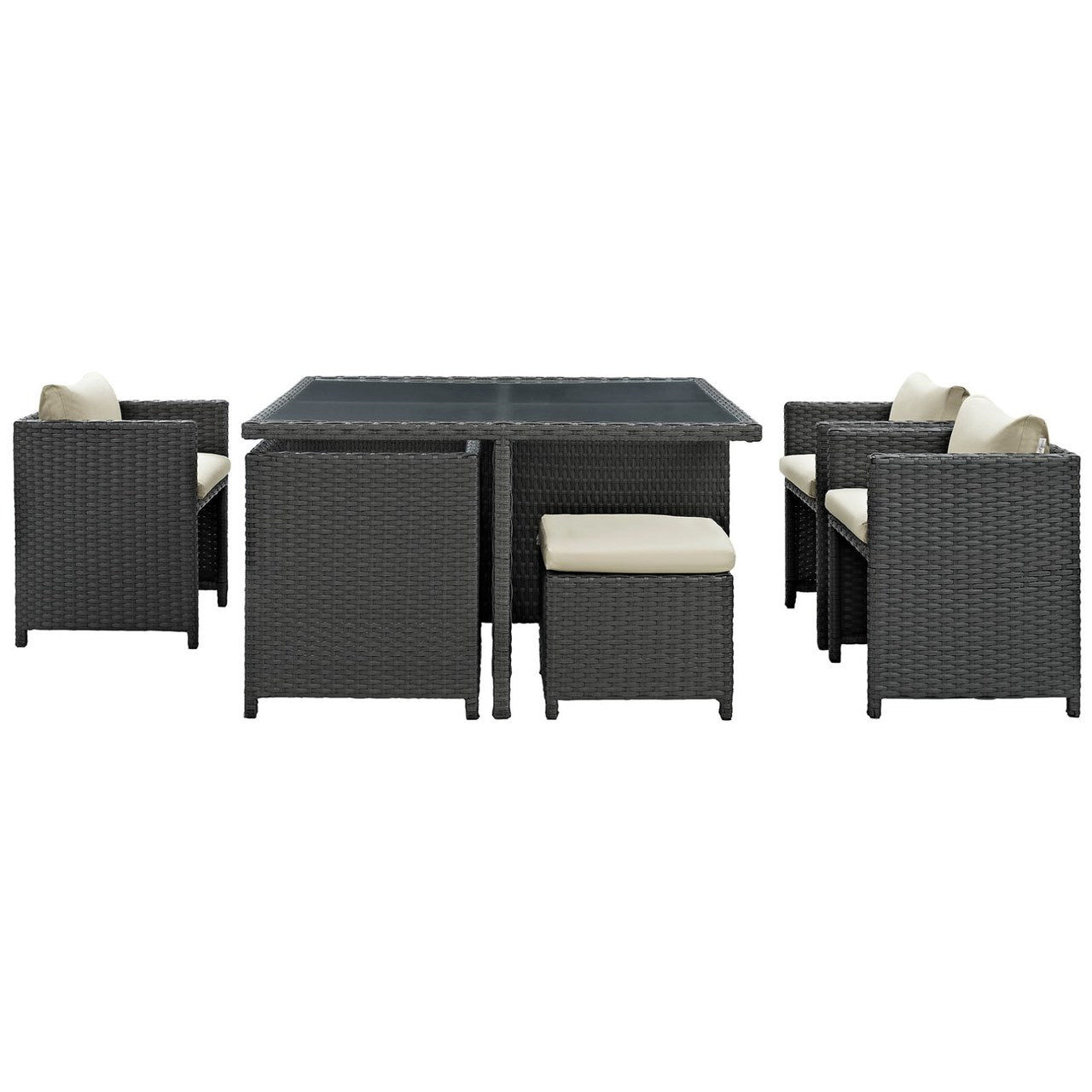 Sojourn Nine PCS Outdoor Patio Sunbrella Dining Set, Beige, Rattan 9936