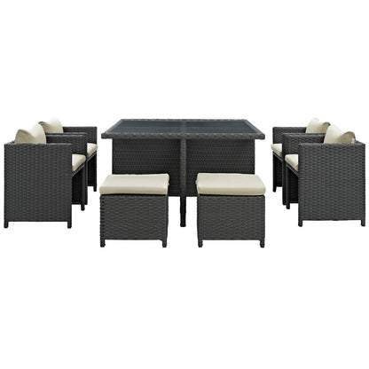 Sojourn Nine PCS Outdoor Patio Sunbrella Dining Set, Beige, Rattan 9936