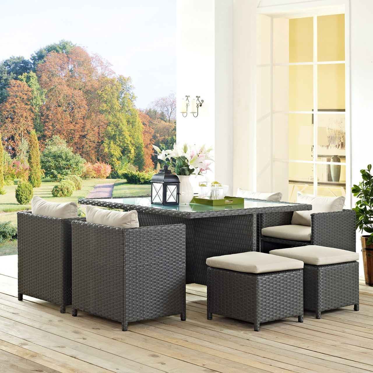 Sojourn Nine PCS Outdoor Patio Sunbrella Dining Set, Beige, Rattan 9936
