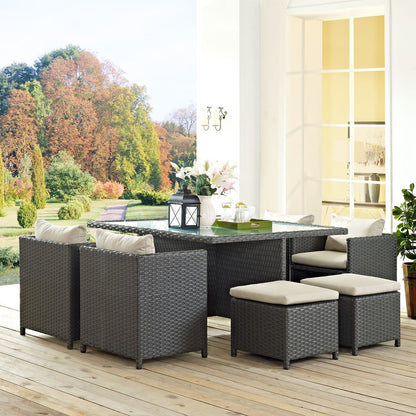 Sojourn Nine PCS Outdoor Patio Sunbrella Dining Set, Beige, Rattan 9936