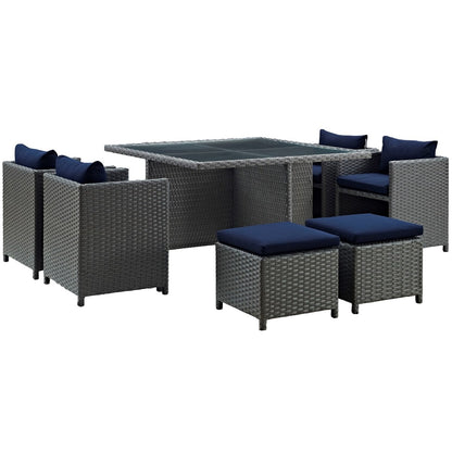 Sojourn Nine PCS Outdoor Patio Sunbrella Dining Set, Navy, Rattan 9937