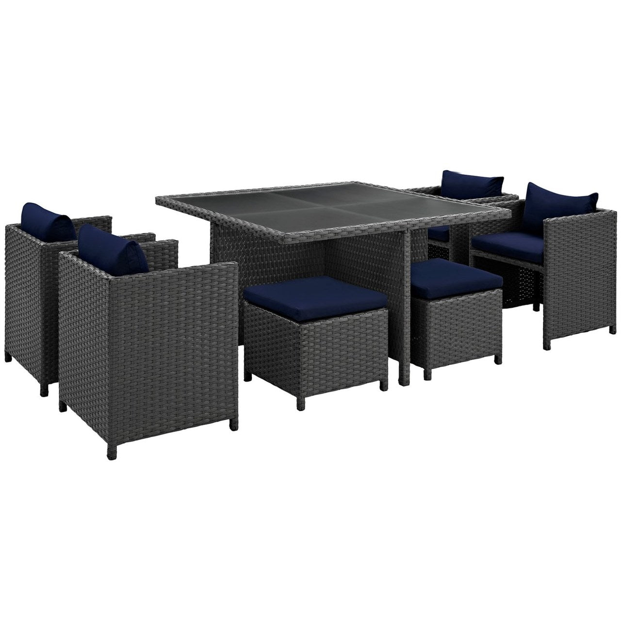 Sojourn Nine PCS Outdoor Patio Sunbrella Dining Set, Navy, Rattan 9937