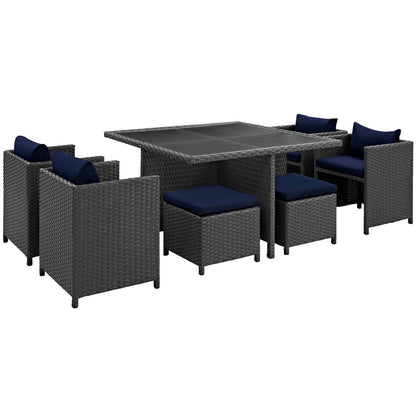 Sojourn Nine PCS Outdoor Patio Sunbrella Dining Set, Navy, Rattan 9937