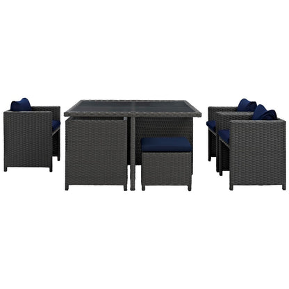Sojourn Nine PCS Outdoor Patio Sunbrella Dining Set, Navy, Rattan 9937