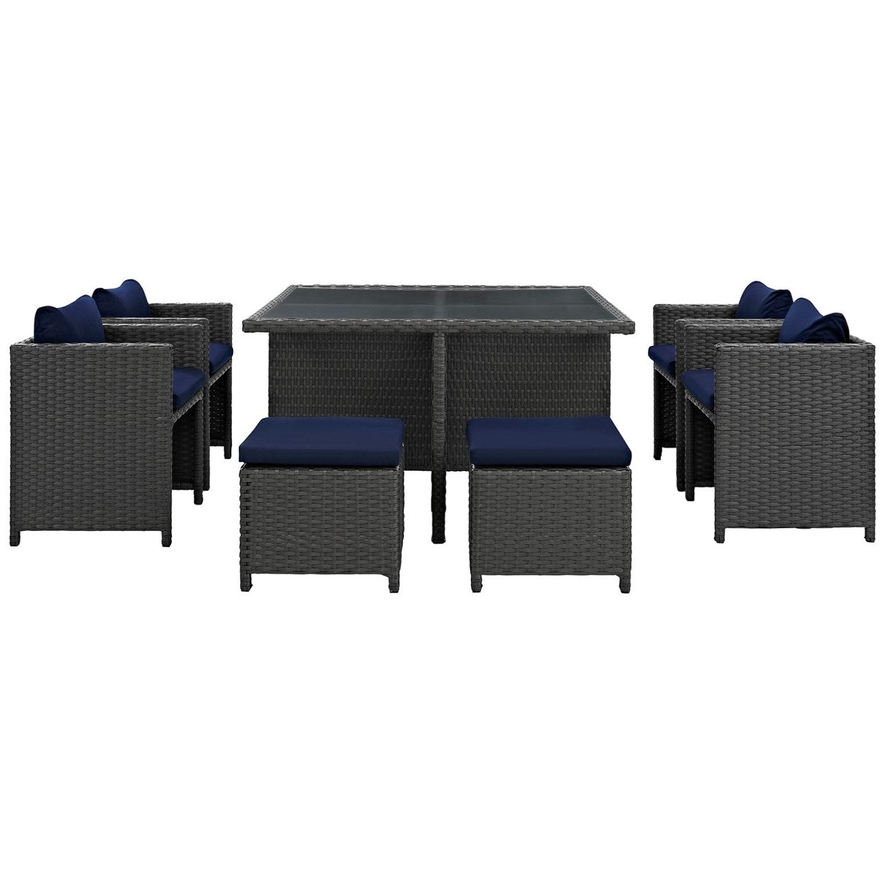 Sojourn Nine PCS Outdoor Patio Sunbrella Dining Set, Navy, Rattan 9937